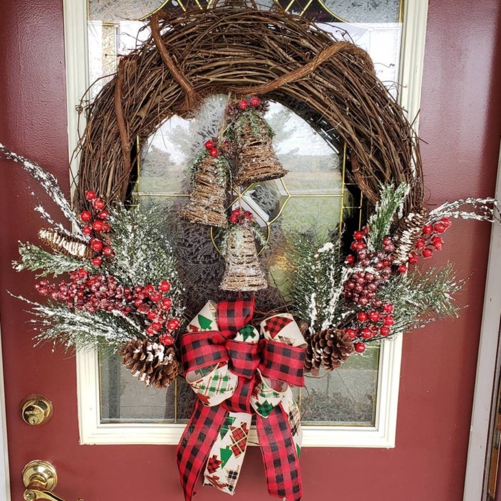 Rustic Christmas Bells Snowy Door Wreath Buffalo